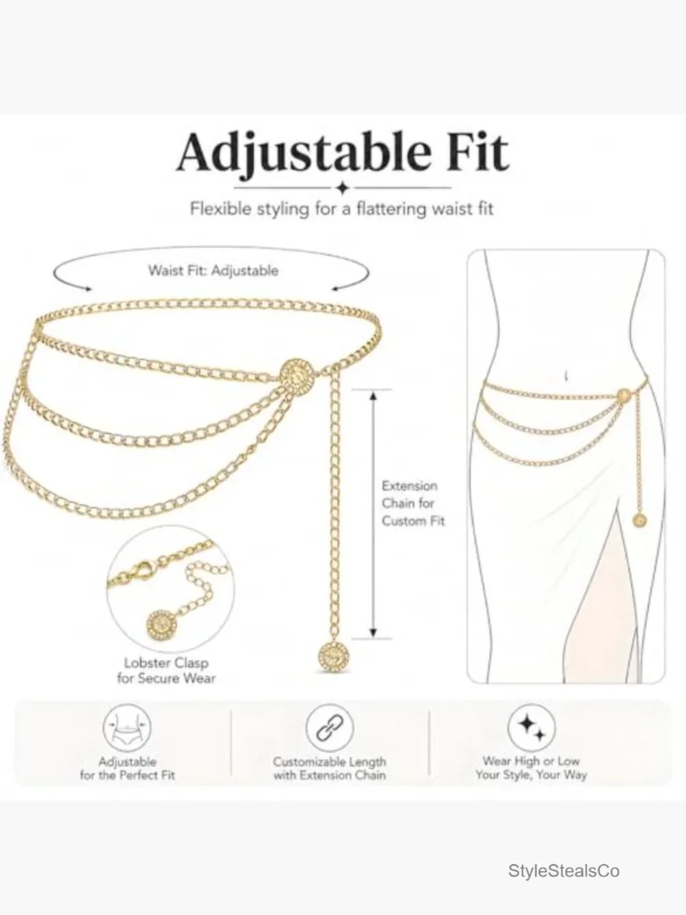 Multilayer Metal Waist Chain Belt, Adjustable Chain Belts for Dress, Snag-Free